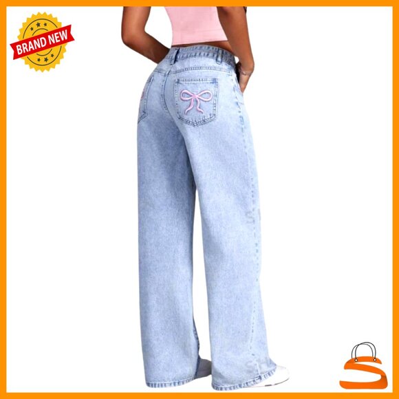 Other - High Waisted Straight Leg Baggy Jeans for Girls Denim Bow Pants